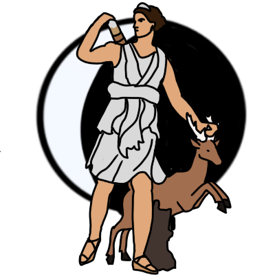 a stylised crescent moon behind the goddess Artemis, dressed in a white tunic and reaching for an arrow, holding a deer's horns with her other hand.