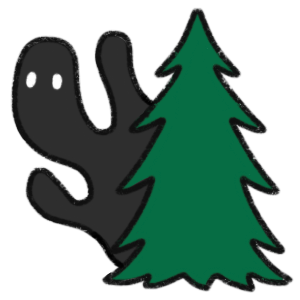 a black blob shaped figure with white eyes peeking out from behind a tree.