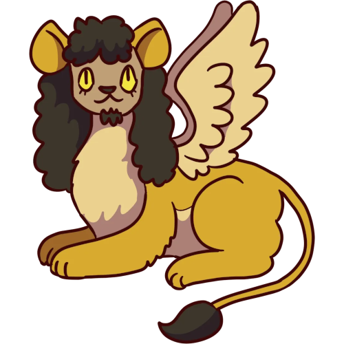image of a golden sphynx with a light brown face and dark long hair and beige wings.