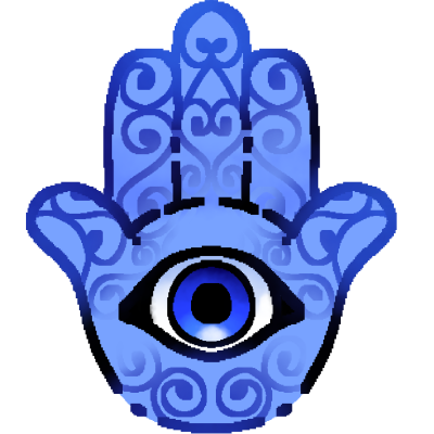 a blue hamsa, a raised hand with an eye in it, with patterns.