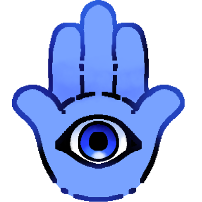 a blue hamsa, a raised hand with an eye in it.