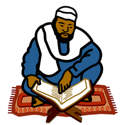 Someone with brown skin and a black beard sitting on a red prayer mat and reading. They are wearing a blue thube and white kufi.