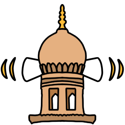 a light brown minaret with a white speaker with noise lines on either side.