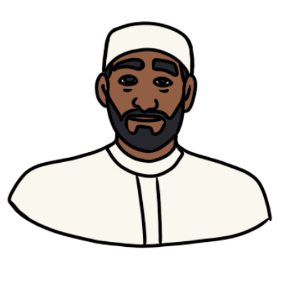 the head and shoulders of a smiling person with brown skin and a black beard, wearing a  white kufi and thobe.