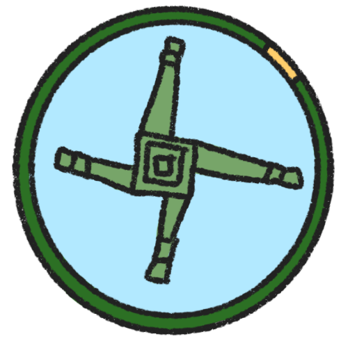 a green Bridgid's cross on a light blue background, surrounded by a green circle (representing the wheel of the year) with a gold spot on its top-right.