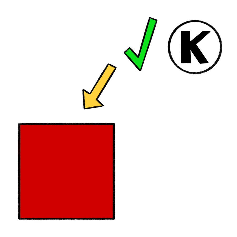 a drawing of a red square, there is a yellow arrow pointing at the square with a check mark and a kosher symbol (a bold K in a circle) indicating that the square is kosher.