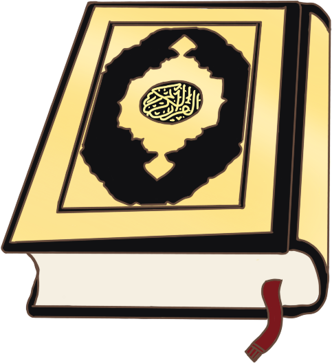 A simplified drawing a of closed Qur'an with a black and gold cover and red bookmark.