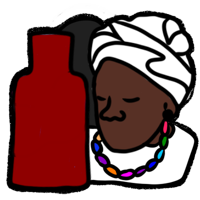 a drawing of the head and shoulders of a person. the person has dark brown skin and is wearing a white headwrap, a white dress, and a necklace of rainbow beads. on the left is a red bottle.