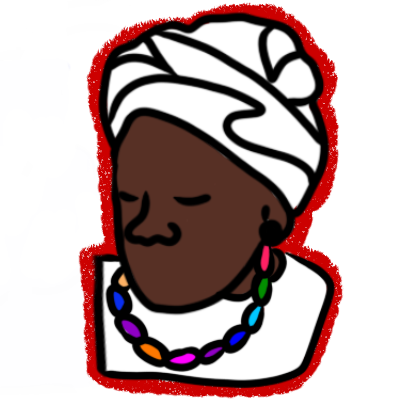 a drawing of the head and shoulders of a person with a thick red outline. the person has dark brown skin and is wearing a white headwrap, a white dress, and a necklace of rainbow beads