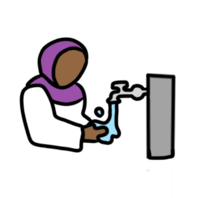 someone with brown skin wearing a purple hijab and white other clothing washing their hands at a tap.