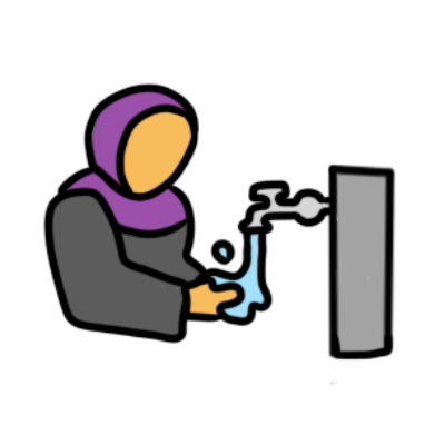 someone with emoji yellow skin wearing a purple hijab and grey other clothing washing their hands at a tap.