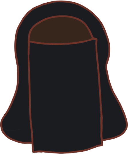 The head and shoulders of a simplified person with dark brown skin wearing a black niqab.