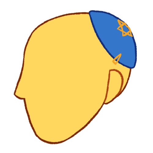 a person looking to the left and wearing a blue kippah with a golden Star of David on it and a clip.