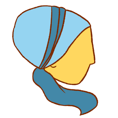 a person viewed from the side and wearing a tichel. the tichel wraps around their head with a band in the middle that trails off underneath their chin. the tichel is light blue with a medium-dark blue band.