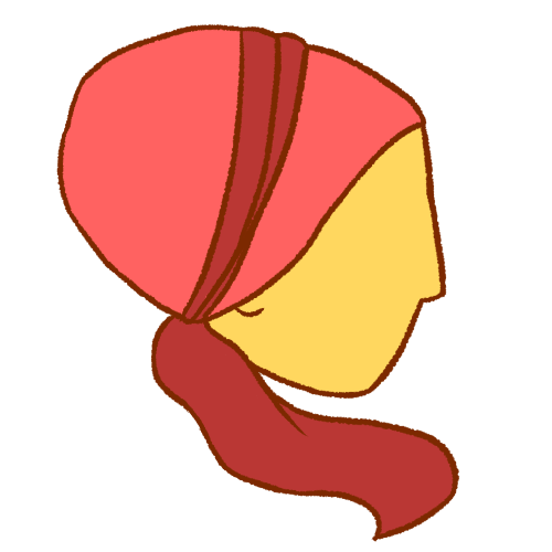 a person viewed from the side and wearing a tichel. the tichel wraps around their head with a band in the middle that trails off underneath their chin. on the first emoji, the tichel is light blue with a medium-dark blue band. on the second emoji, the tichel is pink with a dark pink band
