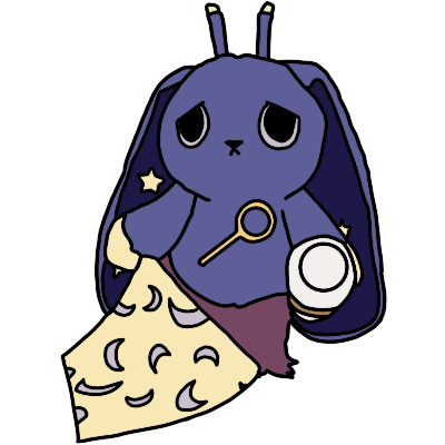 the Plushie Dreadfuls restless leg syndrome rabbit in a standing position. it is a blue bunny with long ears that have stars inside, an alchemical night syndrome sign on its chest, wide downturned black eyes, antennae, holding a coffee cup and a blanket.