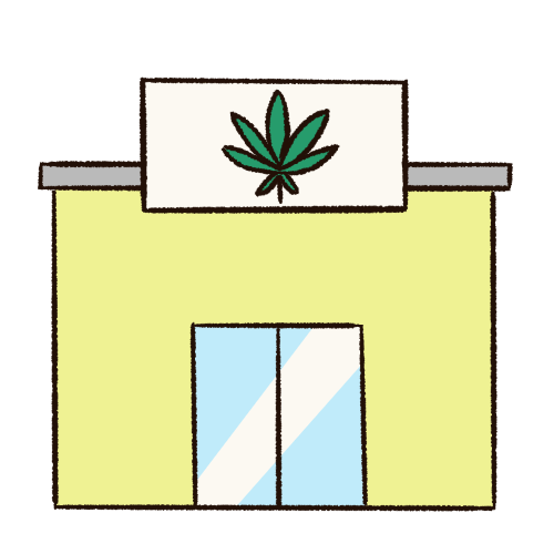 A digitally drawn image of a light green store with a large white sign. There is a cannabis leaf on the sign.