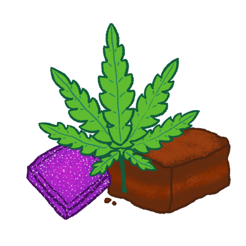 A digitally drawn image of a cannabis leaf in front of a purple gummy edible and a brownie.