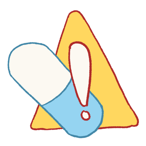 a drawing of a light blue pill in front of a large yellow triangle, with an exclamation mark in front of it.
