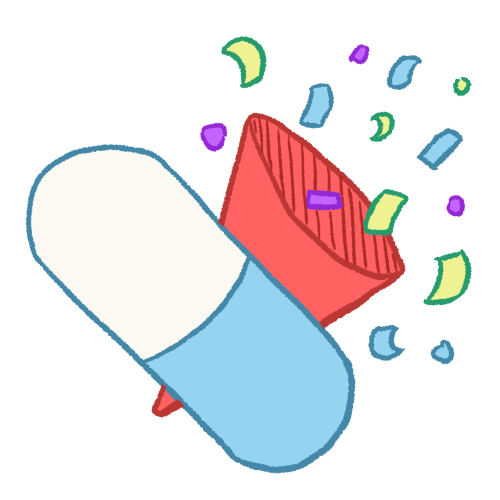 a drawing of a light blue pill next to a party horn.