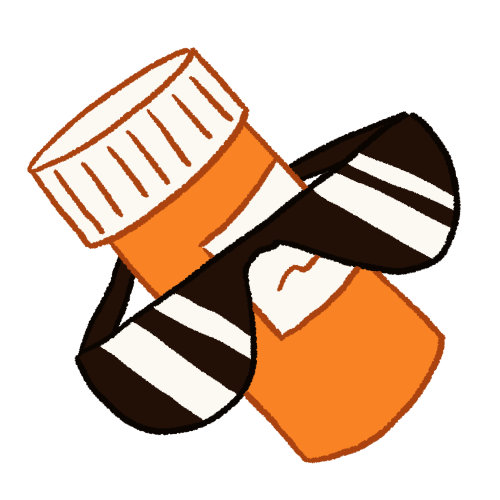 a drawing of an orange pill bottle with sunglasses wrapped around it.