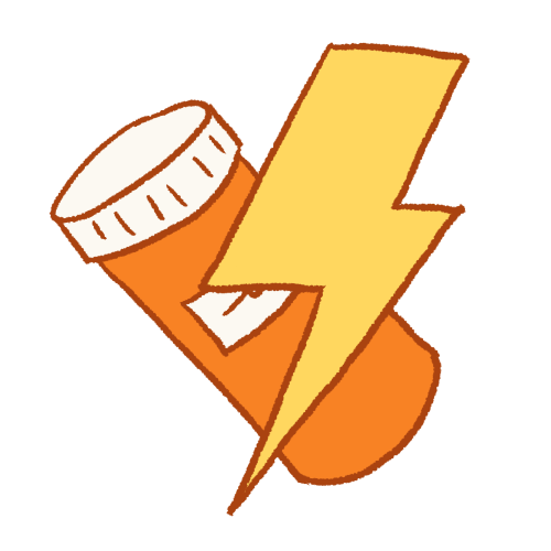 a drawing of an orange pill bottle behind a large yellow lightning bolt.