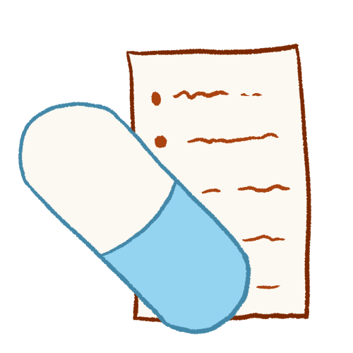 a drawing of a light blue pill next to a list of scribbled rules.