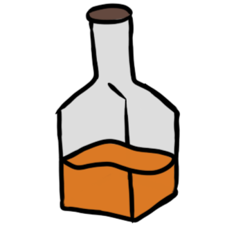 a square bottle with a neck one-third full of orange liquid.