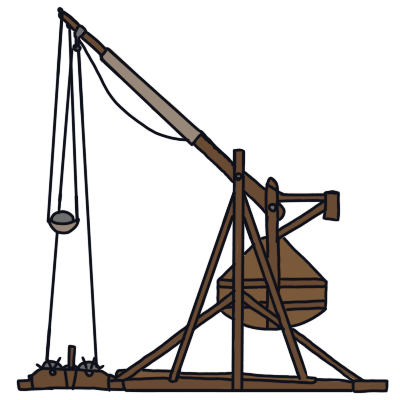 a trebuchet, a medieval siege weapon, with a stone on the sling.