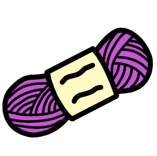 a drawing of a pinkish purple ball of yarn with a very light  yellow label.