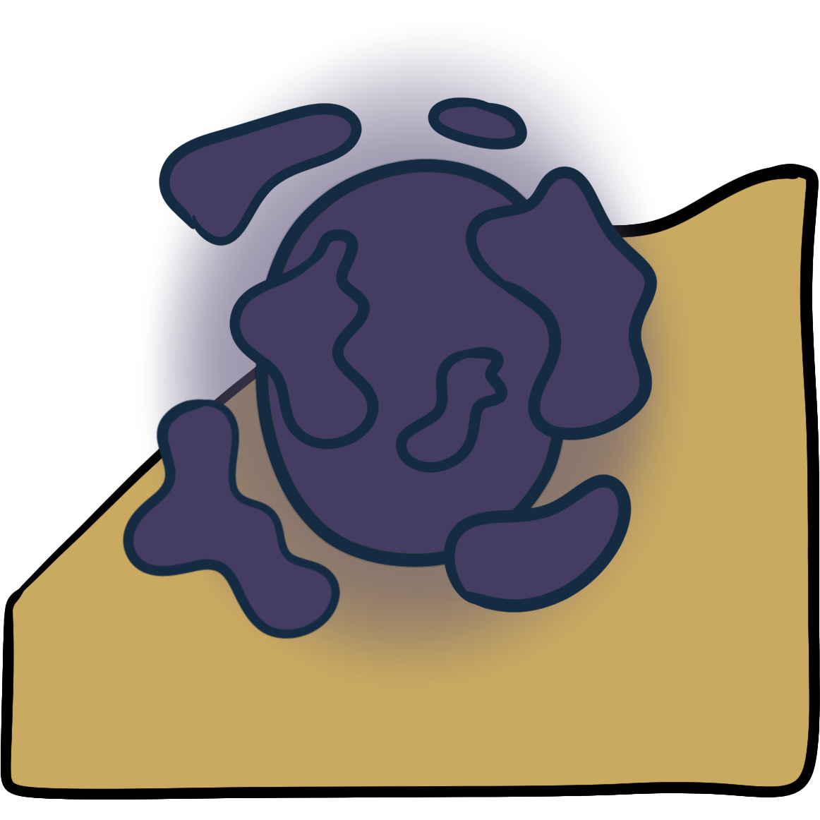 Dark purple oval with blobs around it. Curved yellow skin fills the bottom half of the background.
