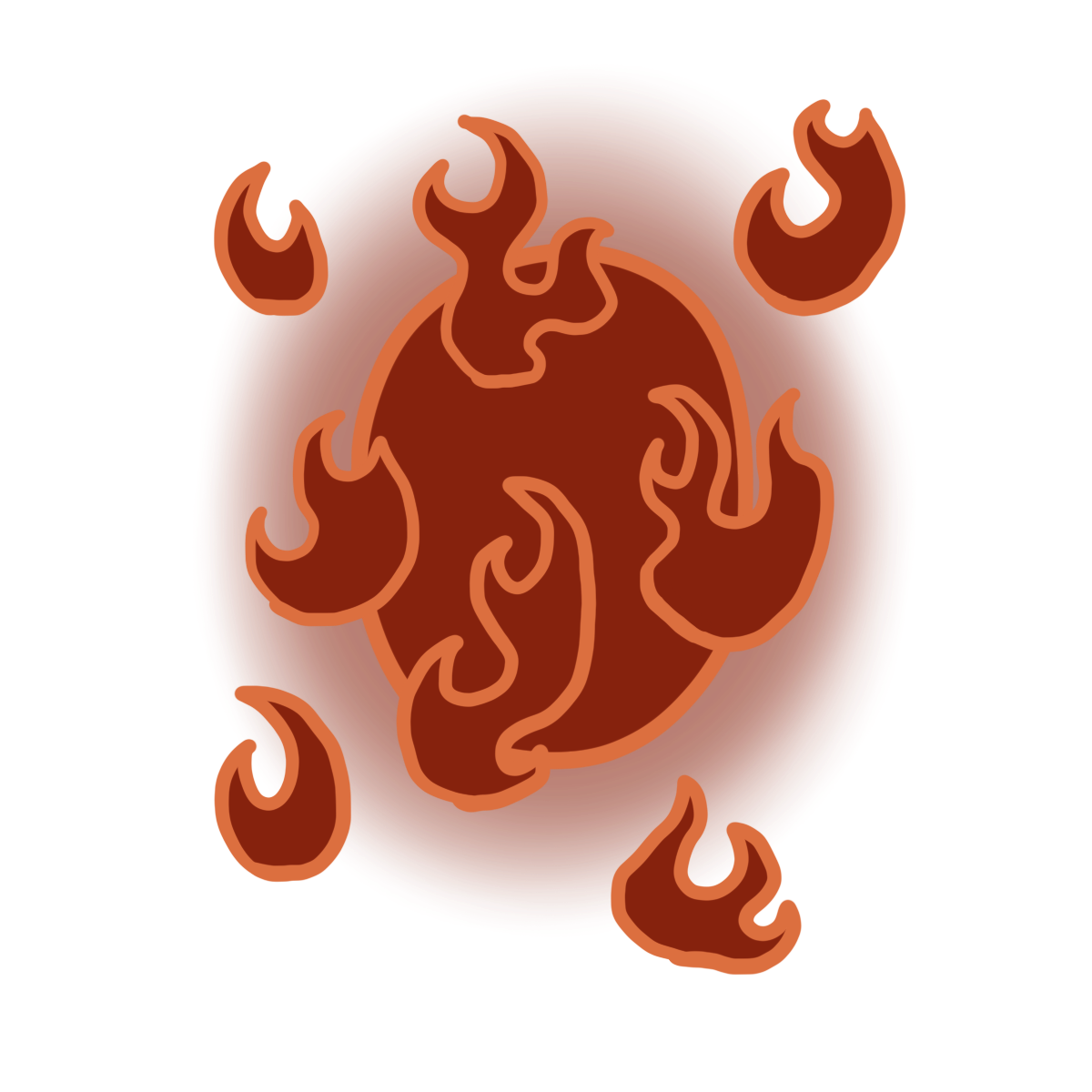 Orange-red oval with flames around it.