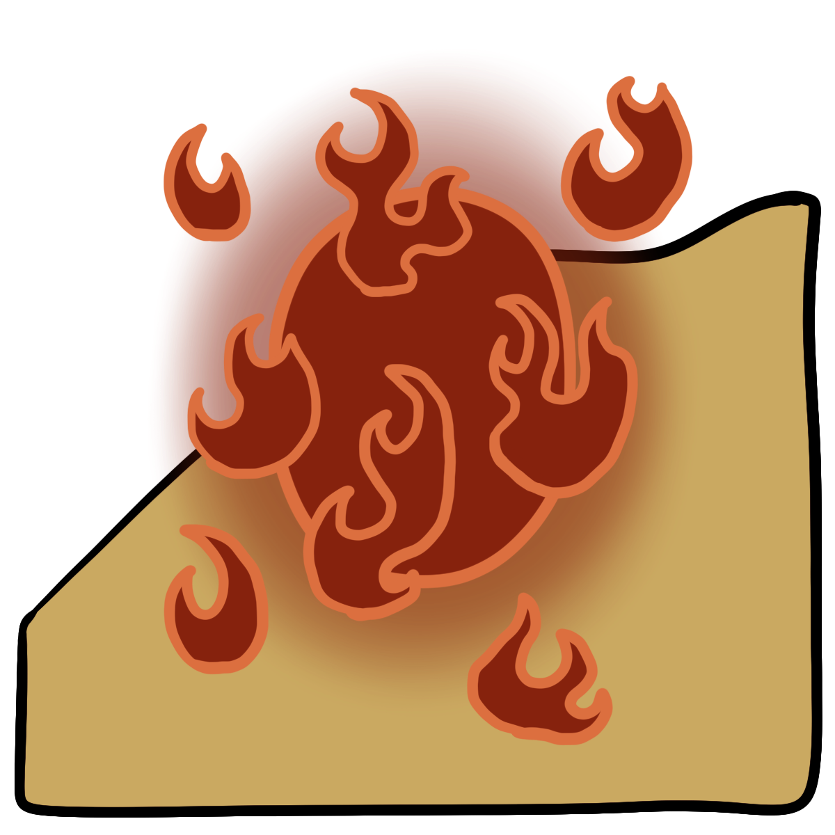 Orange-red oval with flames around it. Curved yellow skin fills the bottom half of the background.