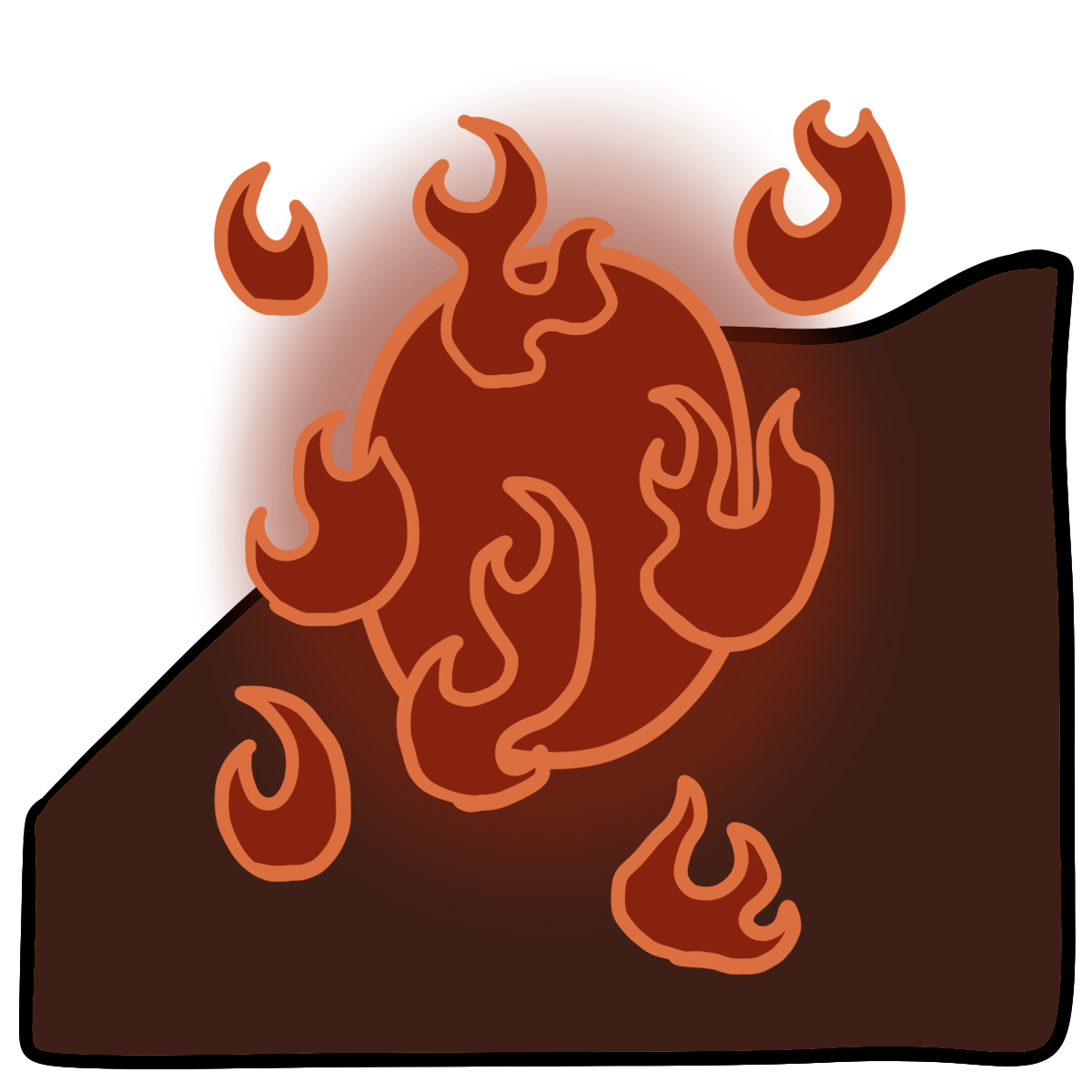 Orange-red oval with flames around it. Curved dark brown skin fills the bottom half of the background.