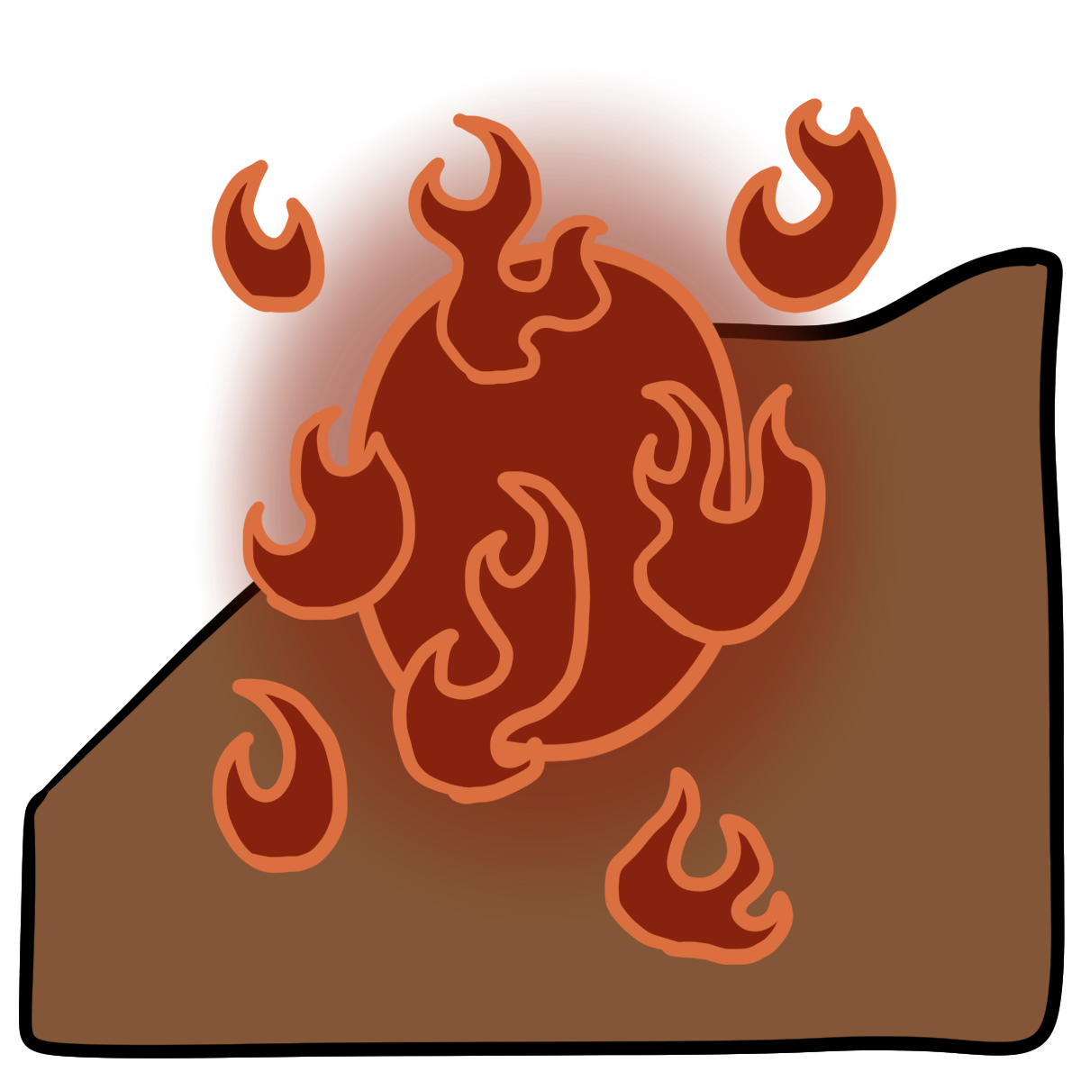Orange-red oval with flames around it. Curved medium brown skin fills the bottom half of the background.