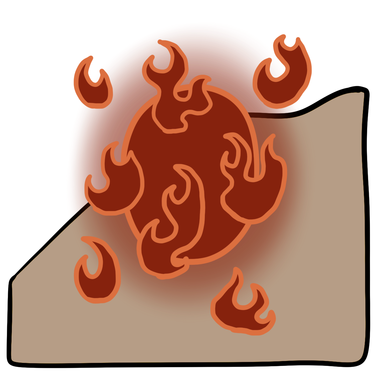 Orange-red oval with flames around it. Curved beige skin fills the bottom half of the background.