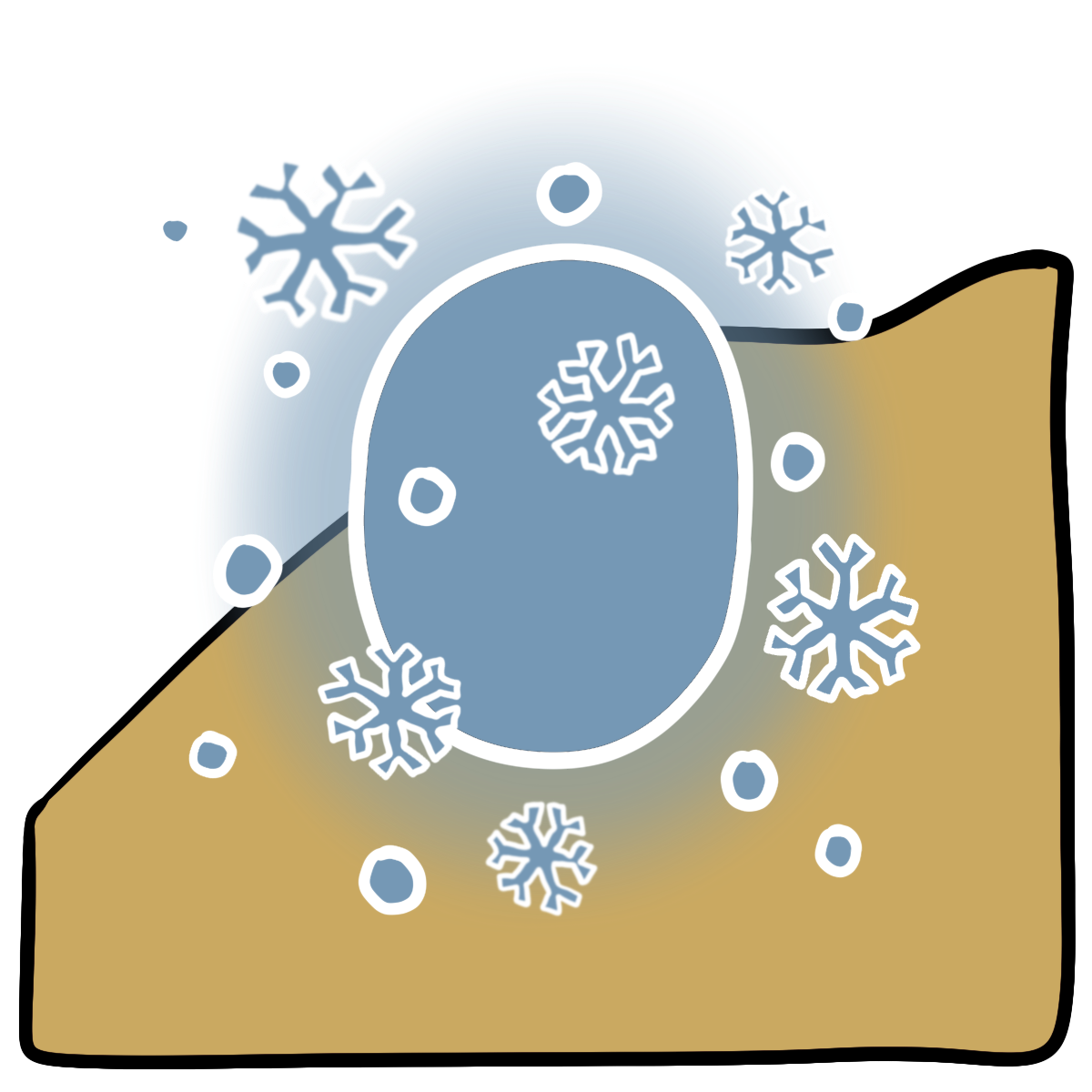 Light blue oval with snowflakes around it. Curved yellow skin fills the bottom half of the background.