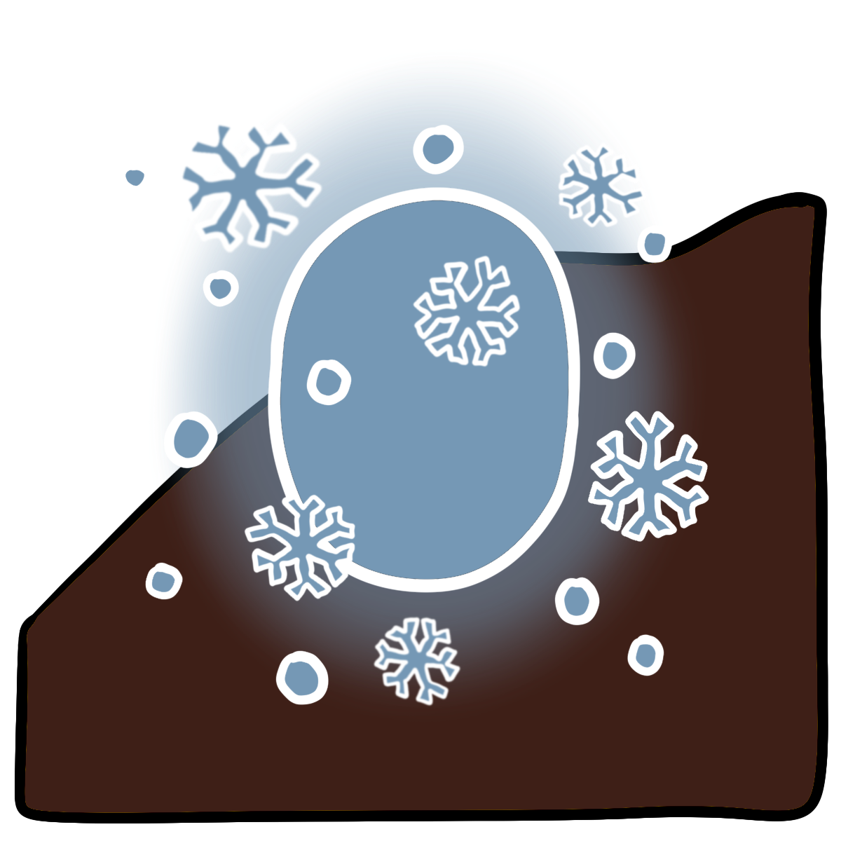 Light blue oval with snowflakes around it. Curved dark brown skin fills the bottom half of the background.