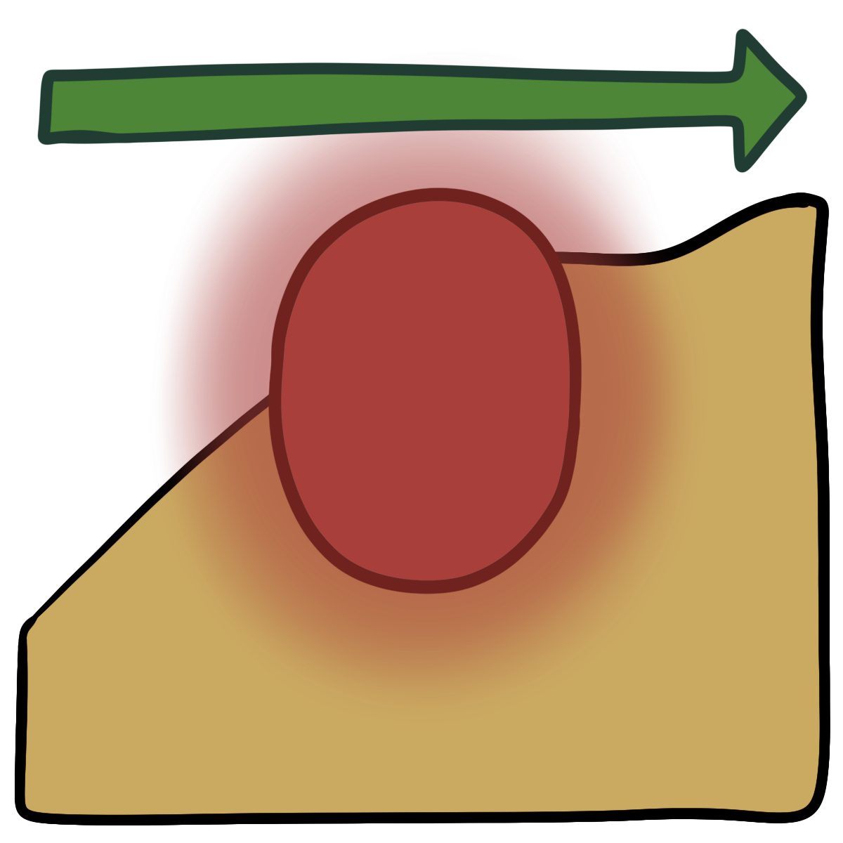 A thin green arrow pointing right above a glowing red oval. Curved yellow skin fills the bottom half of the background.