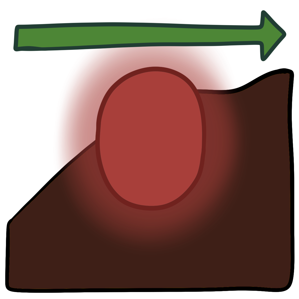 A thin green arrow pointing right above a glowing red oval. Curved dark brown skin fills the bottom half of the background.