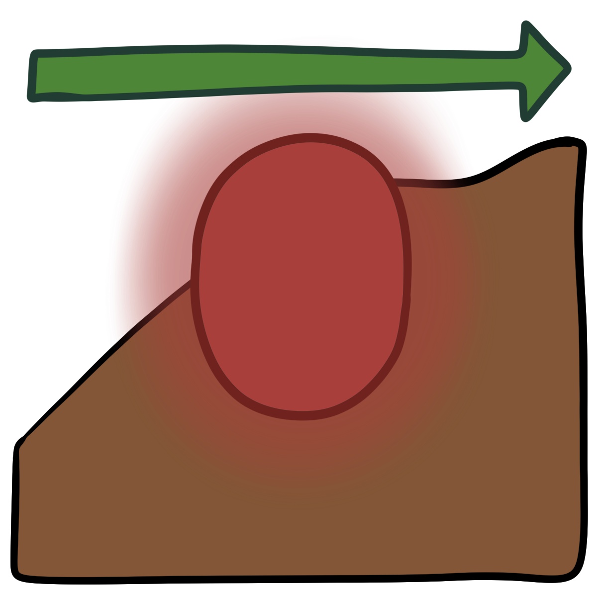 A thin green arrow pointing right above a glowing red oval. Curved medium brown skin fills the bottom half of the background.