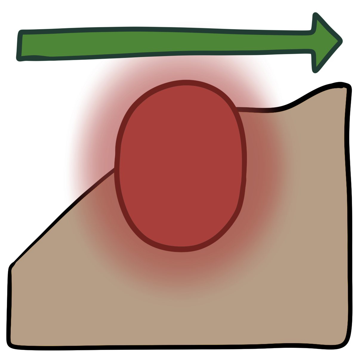 A thin green arrow pointing right above a glowing red oval. Curved beige skin fills the bottom half of the background.