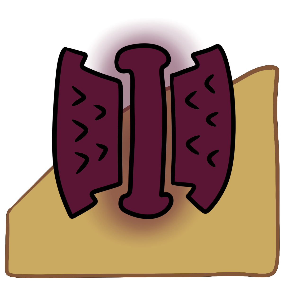 A dark magenta blob squeezed on both sides by anvil shaped blobs with carrot shapes pointing in. Curved yellow skin fills the bottom half of the background.