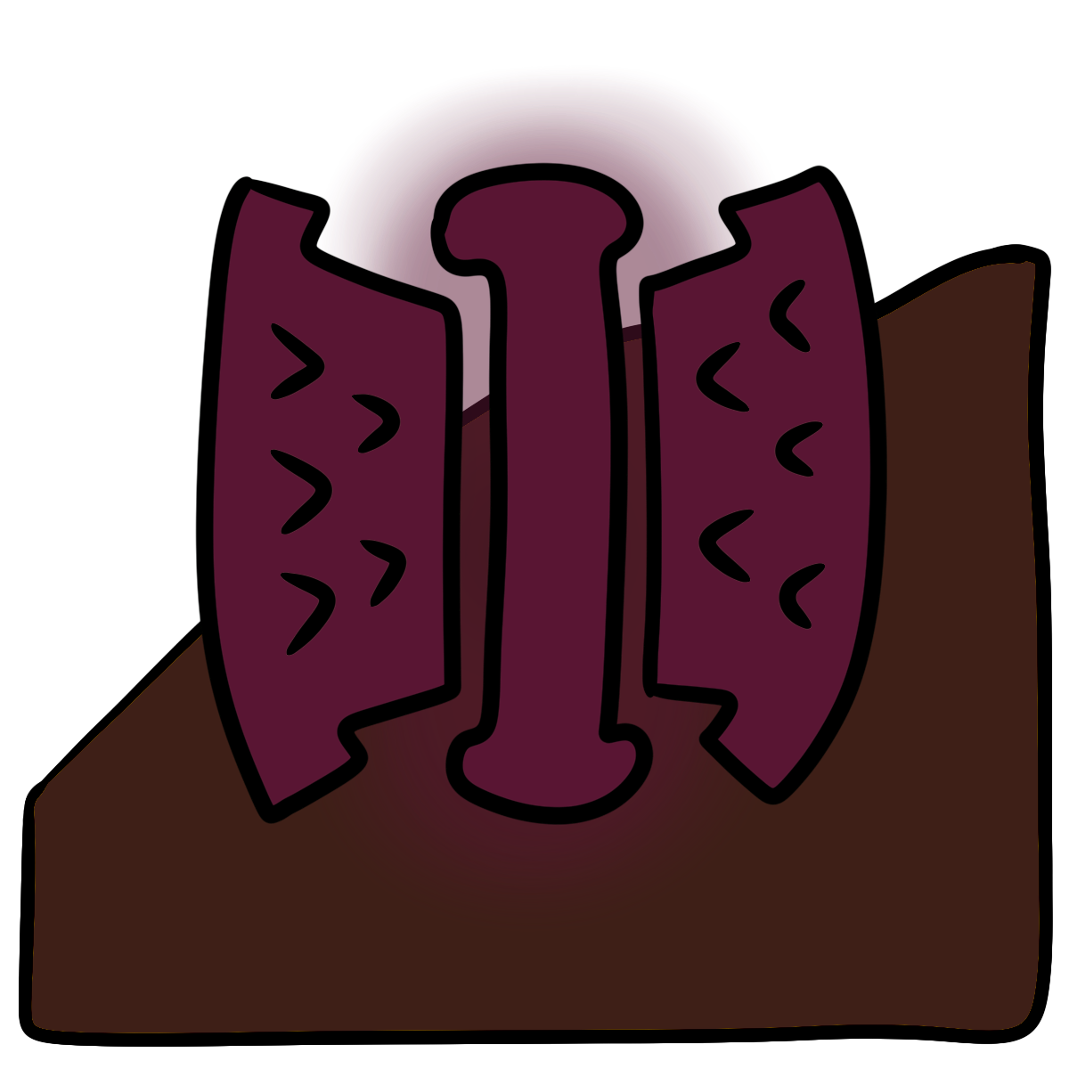 A dark magenta blob squeezed on both sides by anvil shaped blobs with carrot shapes pointing in. Curved dark brown skin fills the bottom half of the background.