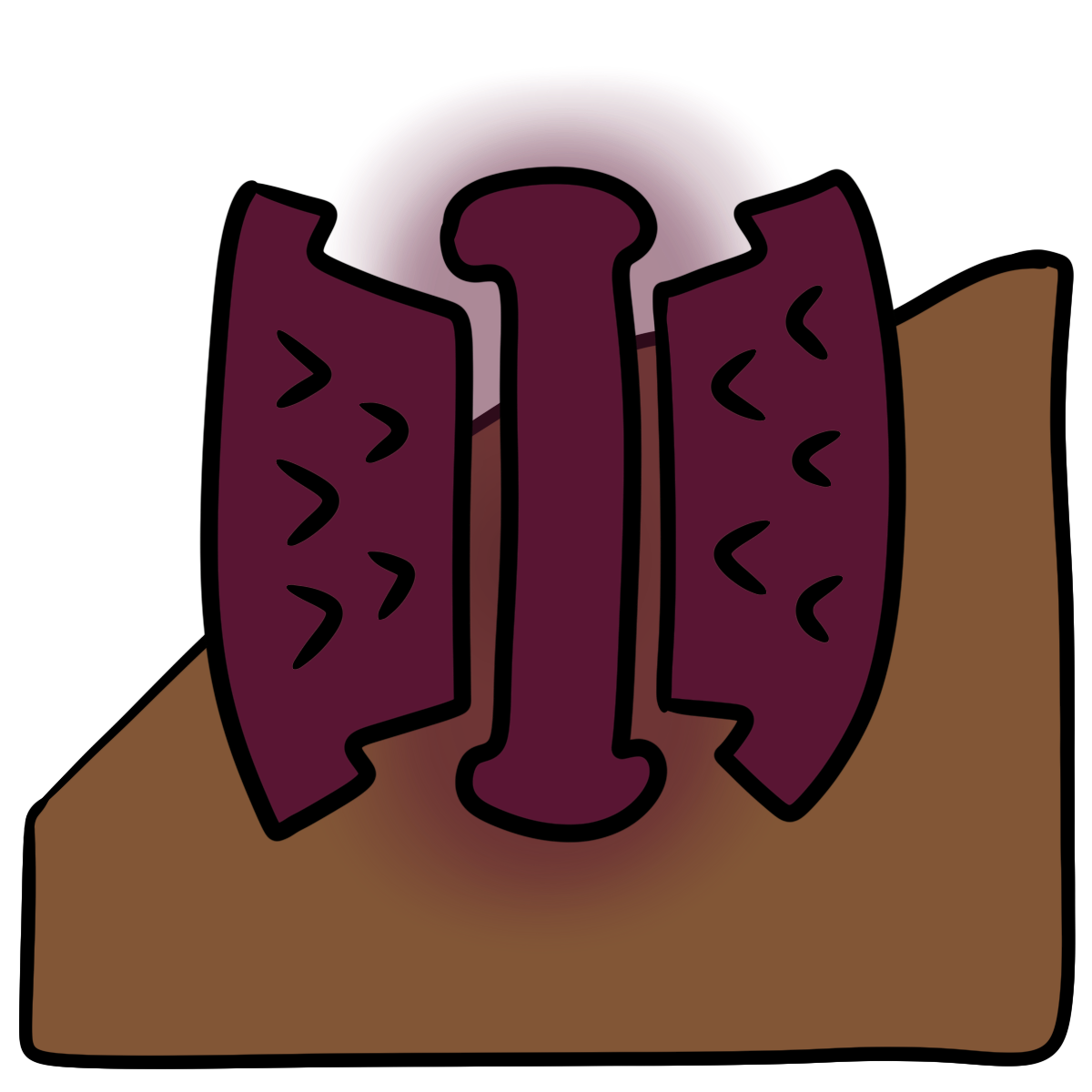 A dark magenta blob squeezed on both sides by anvil shaped blobs with carrot shapes pointing in. Curved medium brown skin fills the bottom half of the background.