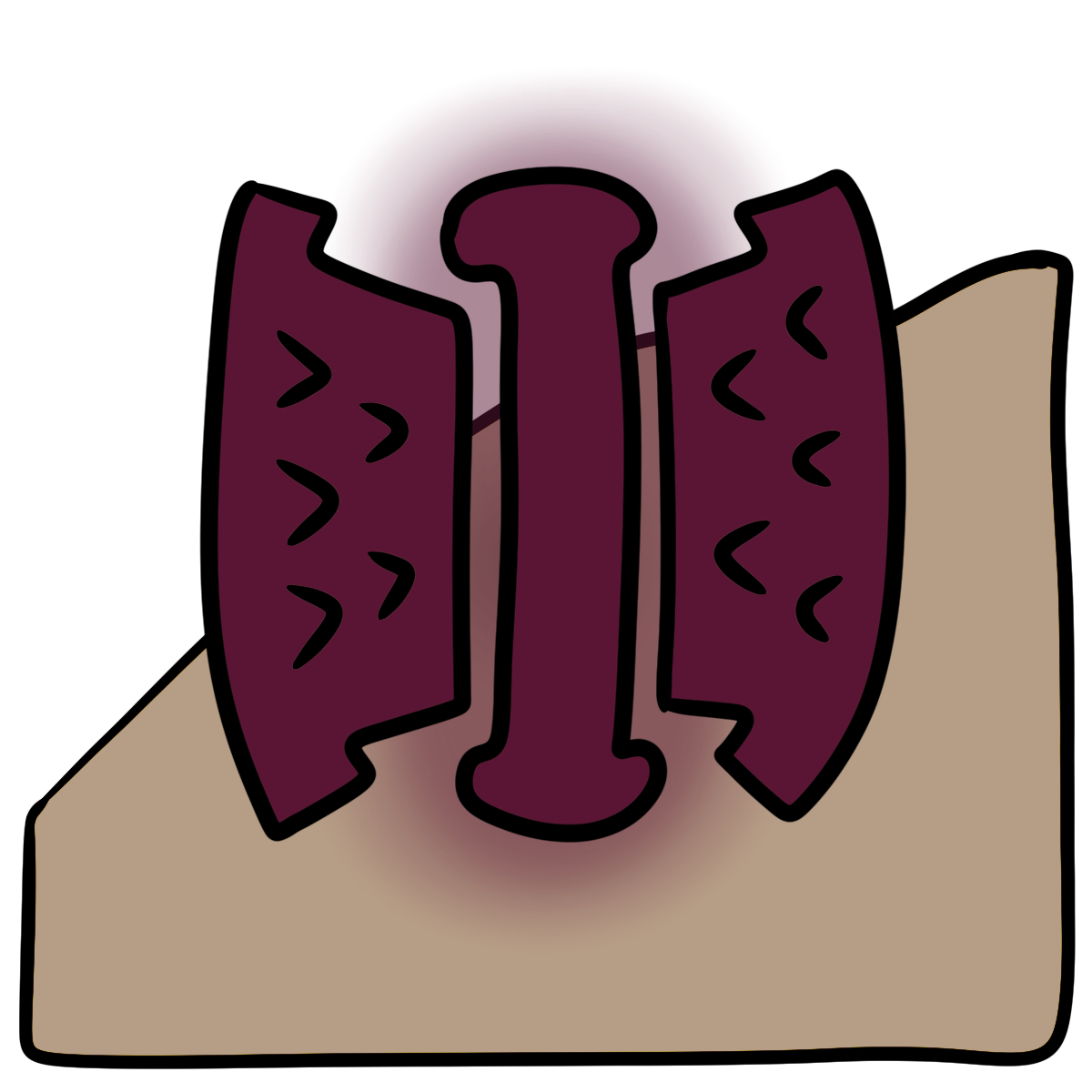 A dark magenta blob squeezed on both sides by anvil shaped blobs with carrot shapes pointing in. Curved beige skin fills the bottom half of the background.