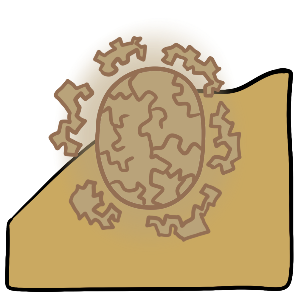  A cracked tan glowing oval with jagged blobs around it. Curved yellow skin fills the bottom half of the background.