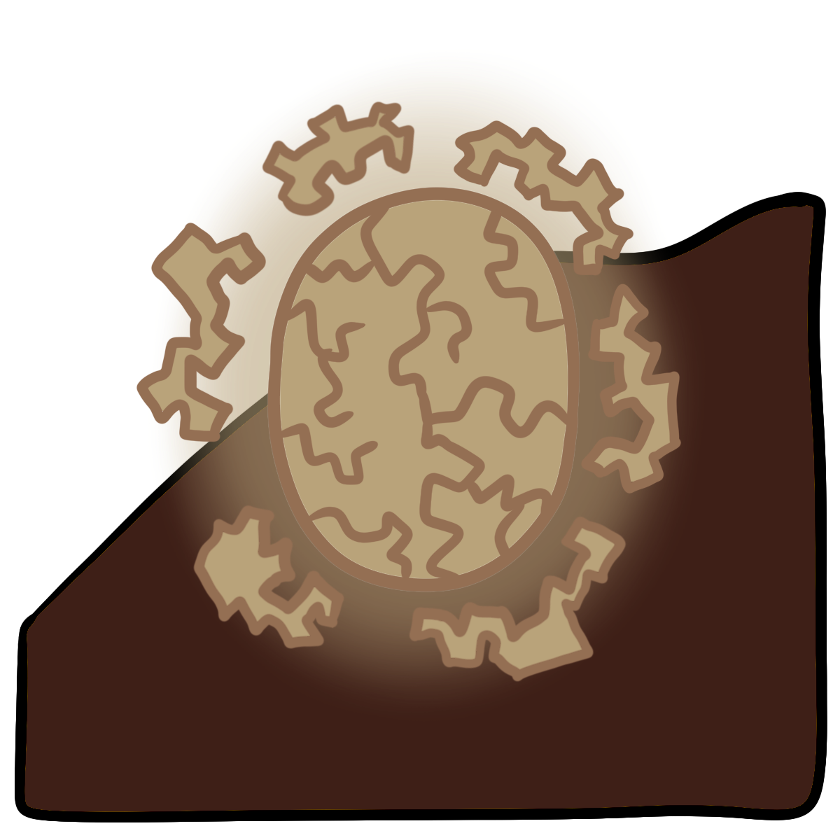  A cracked tan glowing oval with jagged blobs around it. Curved dark brown skin fills the bottom half of the background.