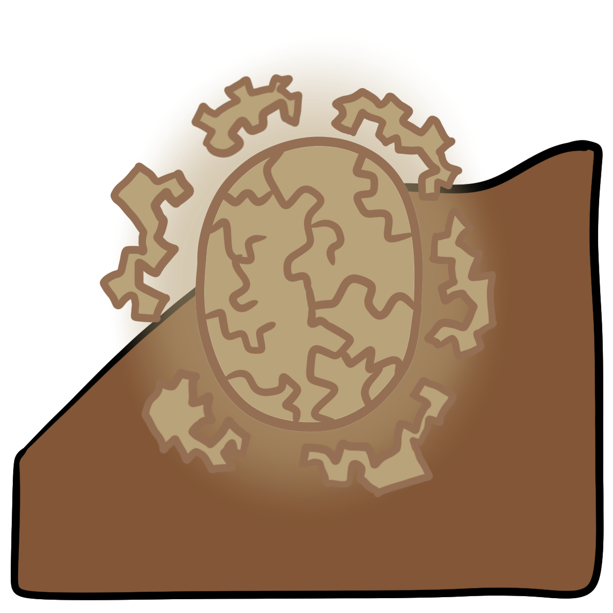  A cracked tan glowing oval with jagged blobs around it. Curved medium brown skin fills the bottom half of the background.