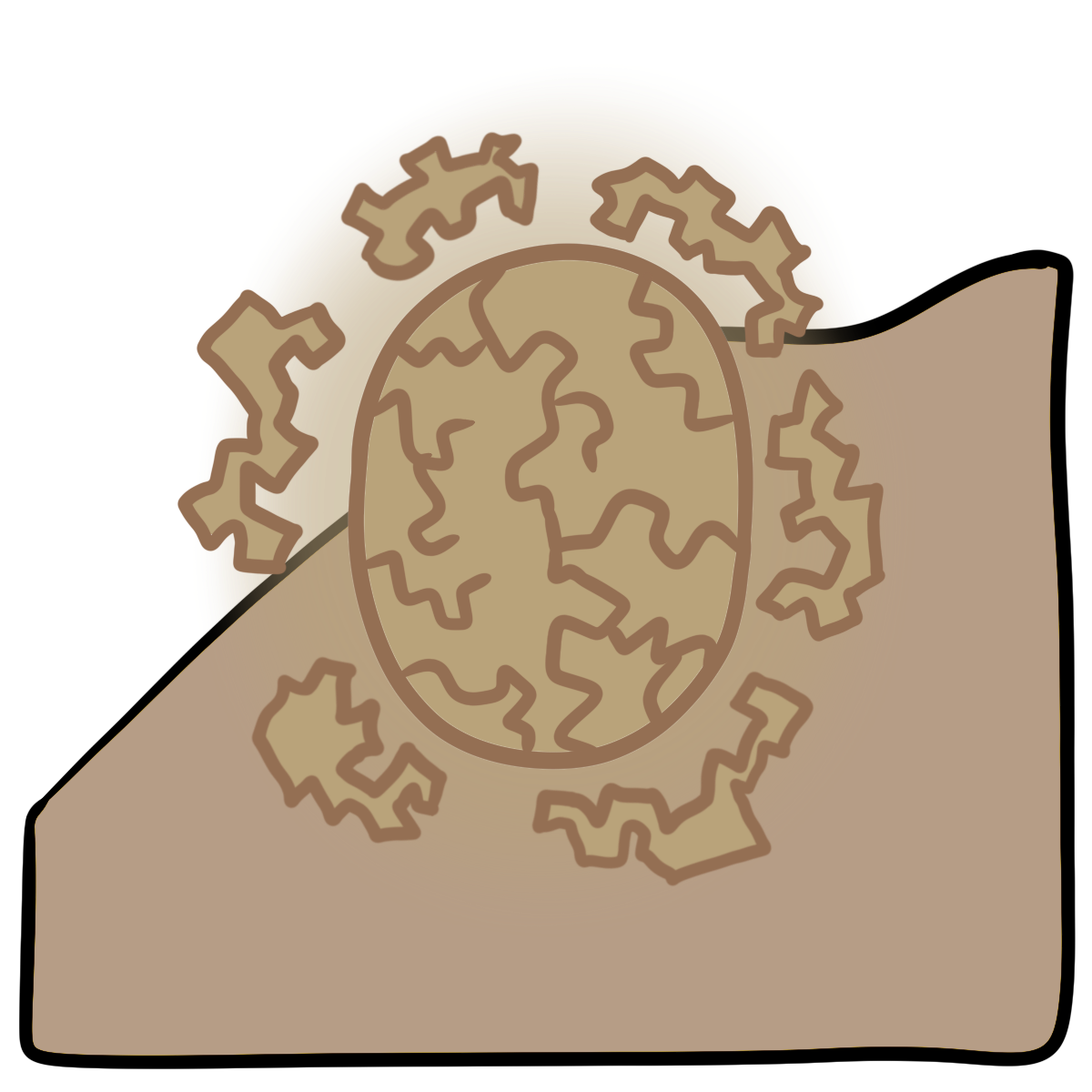  A cracked tan glowing oval with jagged blobs around it. Curved beige skin fills the bottom half of the background.